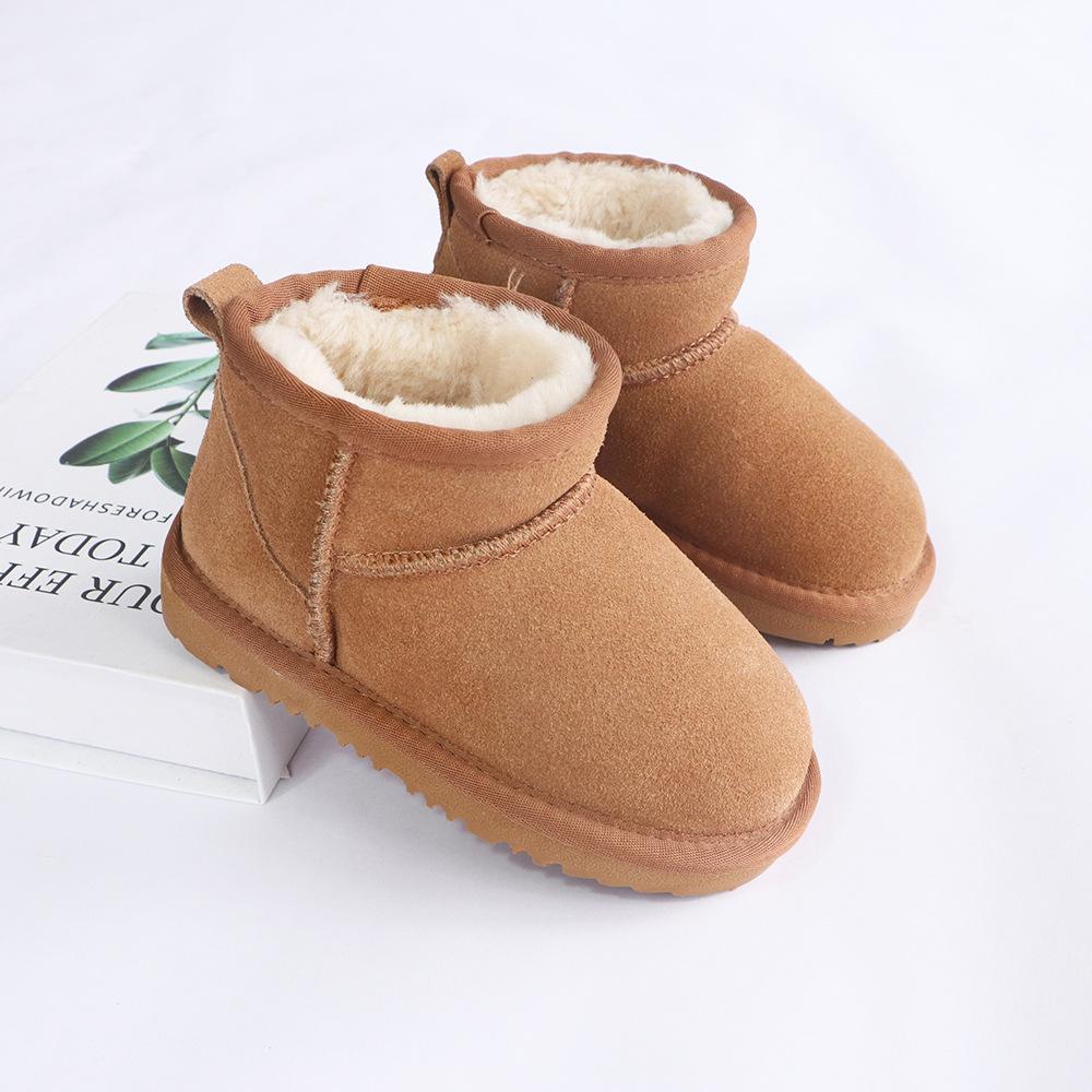 Winter Children Toddler Genuine Cow Leather Snow Boots Ultra Mini Girls Boys Warm Cotton Shoes Baby Fashion Outdoors Short Boots