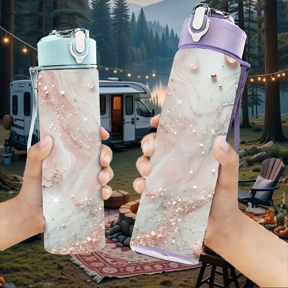1PC Blush Pink Stone Marble Pattern 750ml Color Plastic Sports Water Bottle Leakproof Flip Straw Lid Suitable for Sports Office Home Use
