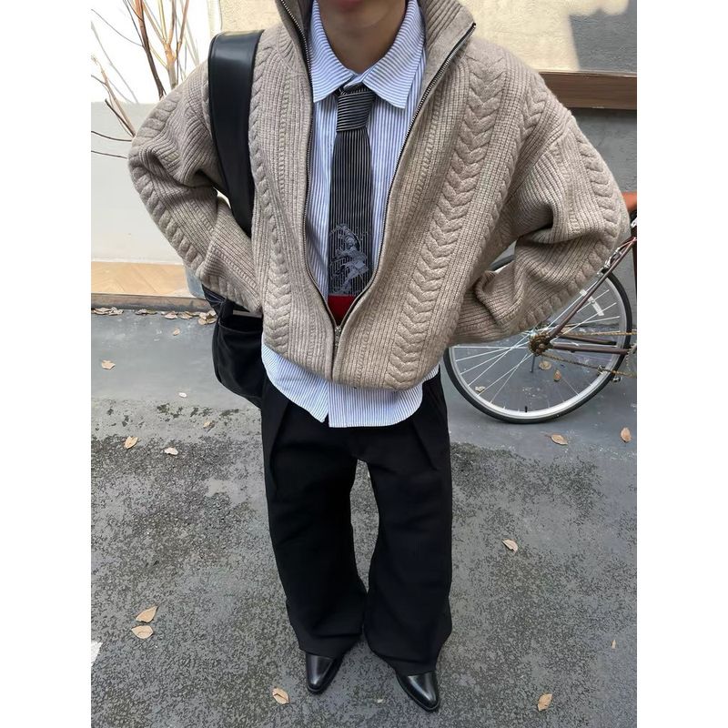 

Cabbage Coke American-Style Simple Winter Loose-Fitting Coat with Wheat Spike Cable Knit Zipper Turtleneck Sweater Khaki XL
