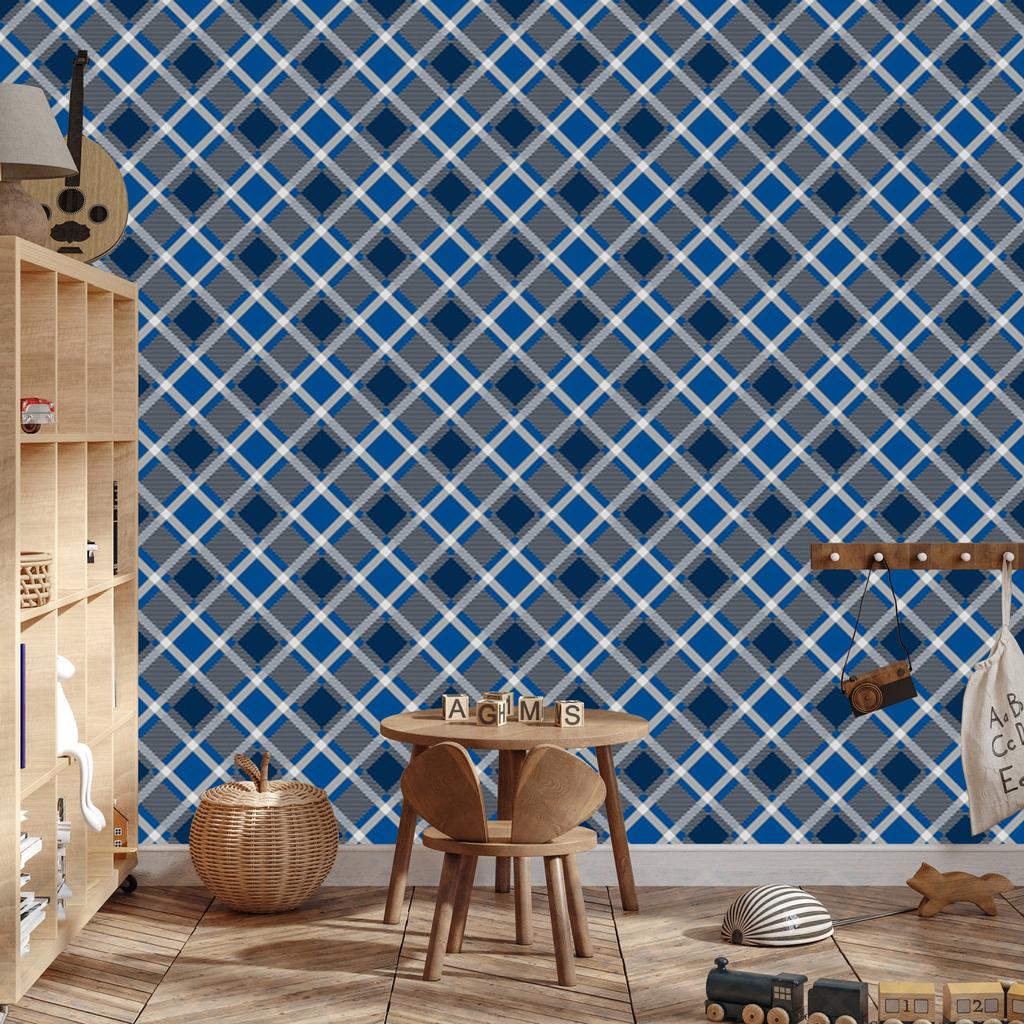 Blue Checkered Wallpaper, Blue, Navy Blue, and Gray, 50x1000