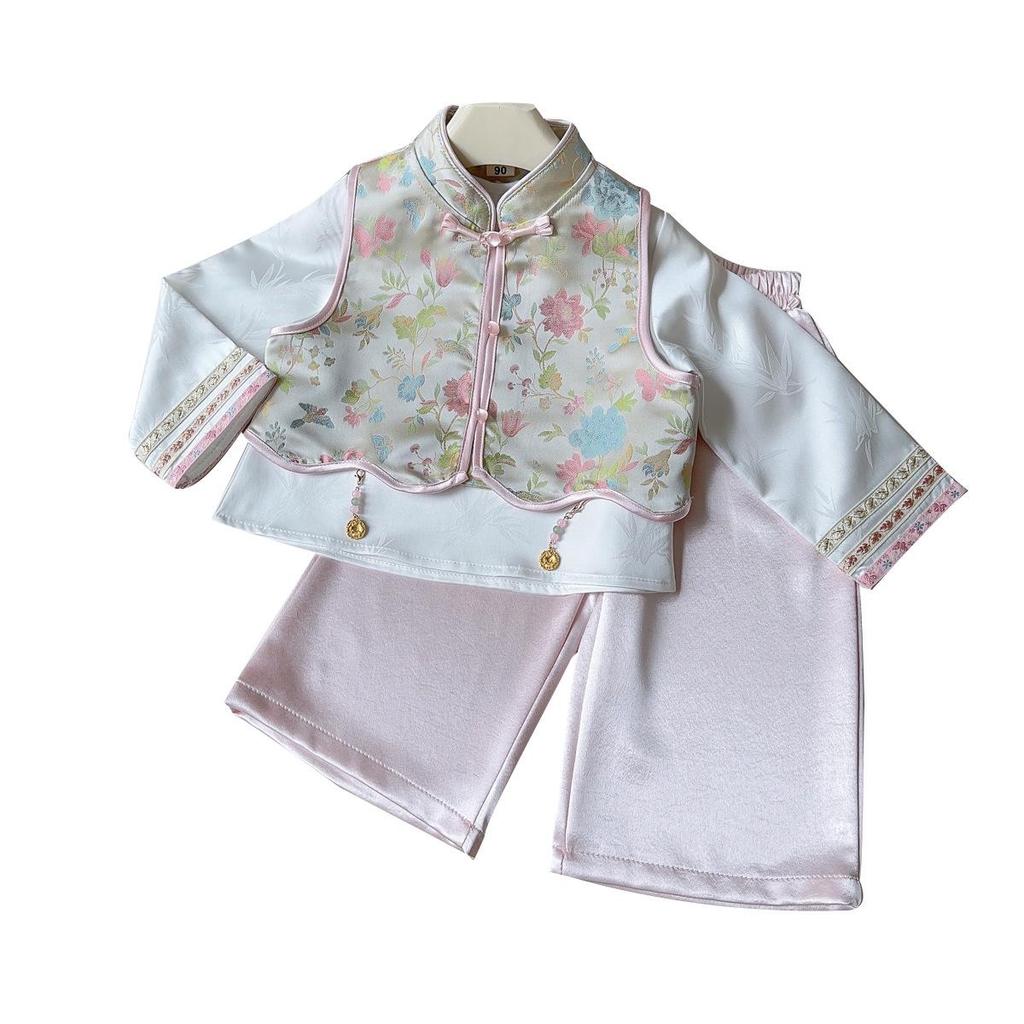 Girls' Ancient Hanfu Spring/Autumn Three-Piece Set: Chinese Style Baby Shirt, Vest, and Long Pants