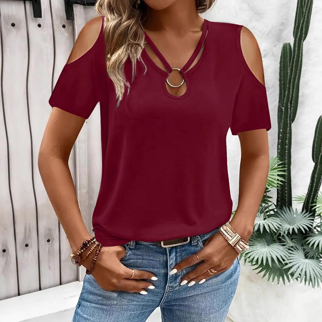 Womens Tops Dressy Casual V Neck Color Short Sleeve Blouse Casual Tops Summer Shirt