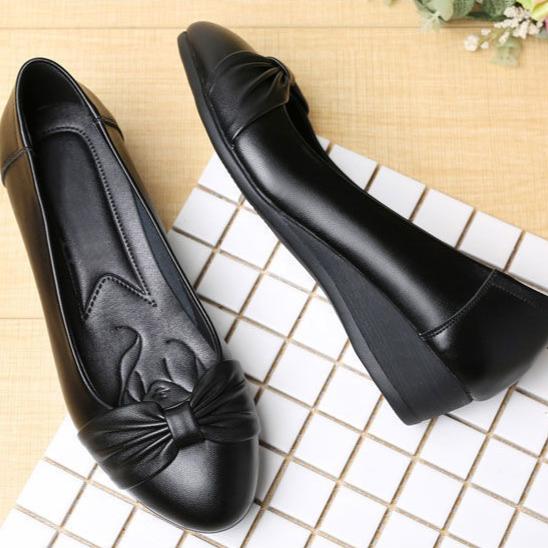 Soft Leather Soft-Soled Mother Shoes, Flat-Bottomed Wear-Resistant Waterproof Bow Work Shoes