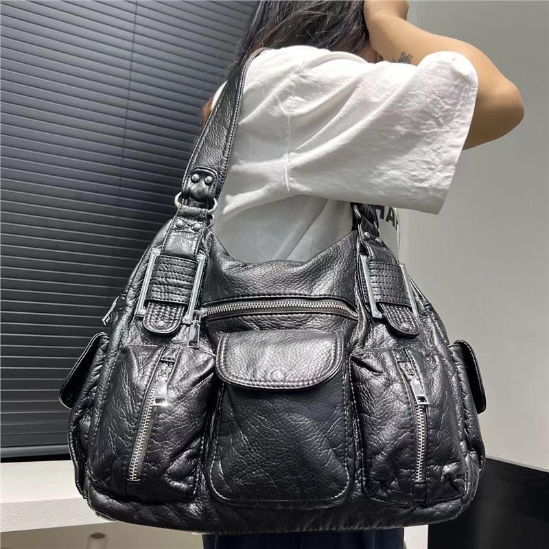 Ladies Y2K Spice Girl Multi-Pocket Locomotive Bag Large Capacity Washed Shoulder Crossbody Bag