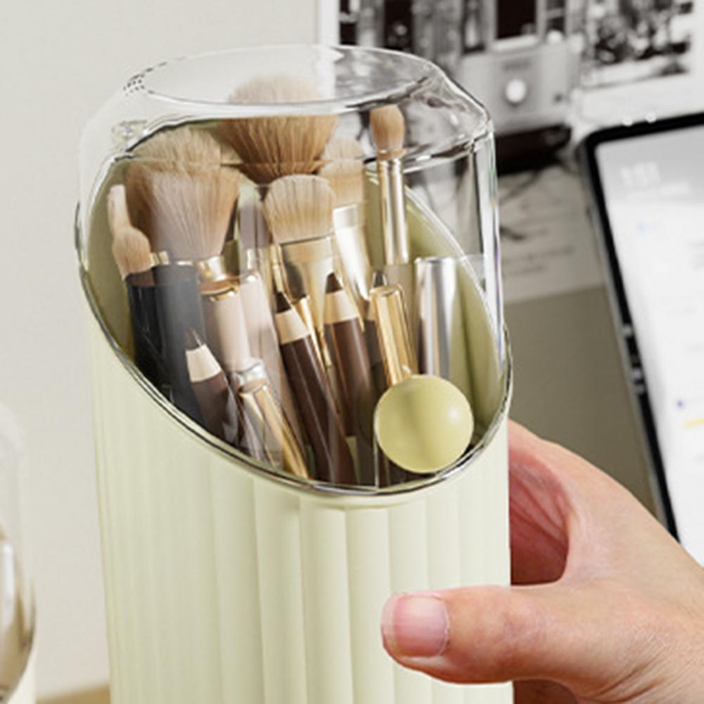 Makeup Brush Holder 3 Compartments Cosmetics Organizer With Clear Dustproof Lid Makeup Brushes Cup Pen Holder For Vanity Eyebrow
