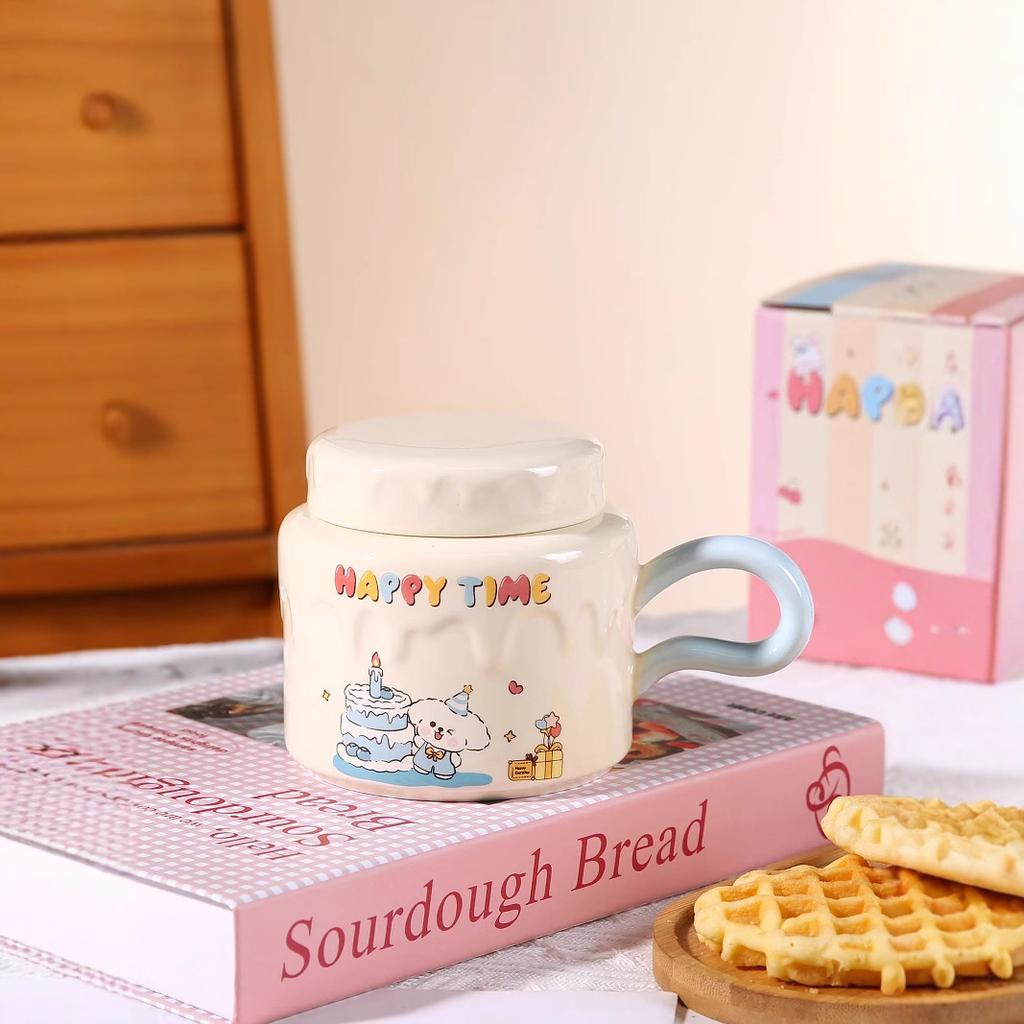 Birthday Gift Cartoon Mug with Lid Creative Ceramic Drinking Cup for Girls Office Household Milk Breakfast Cup