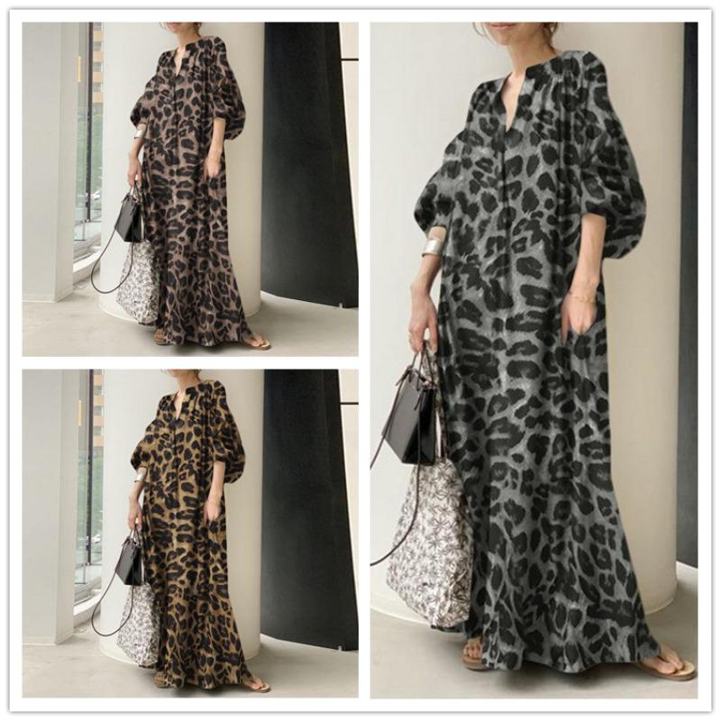 Temperament Leopard Print Stand Up Collar with Bubble Sleeves, Fashionable and Loose Casual Bohemian Shirt Dress, Spring and Autumn Plus Size