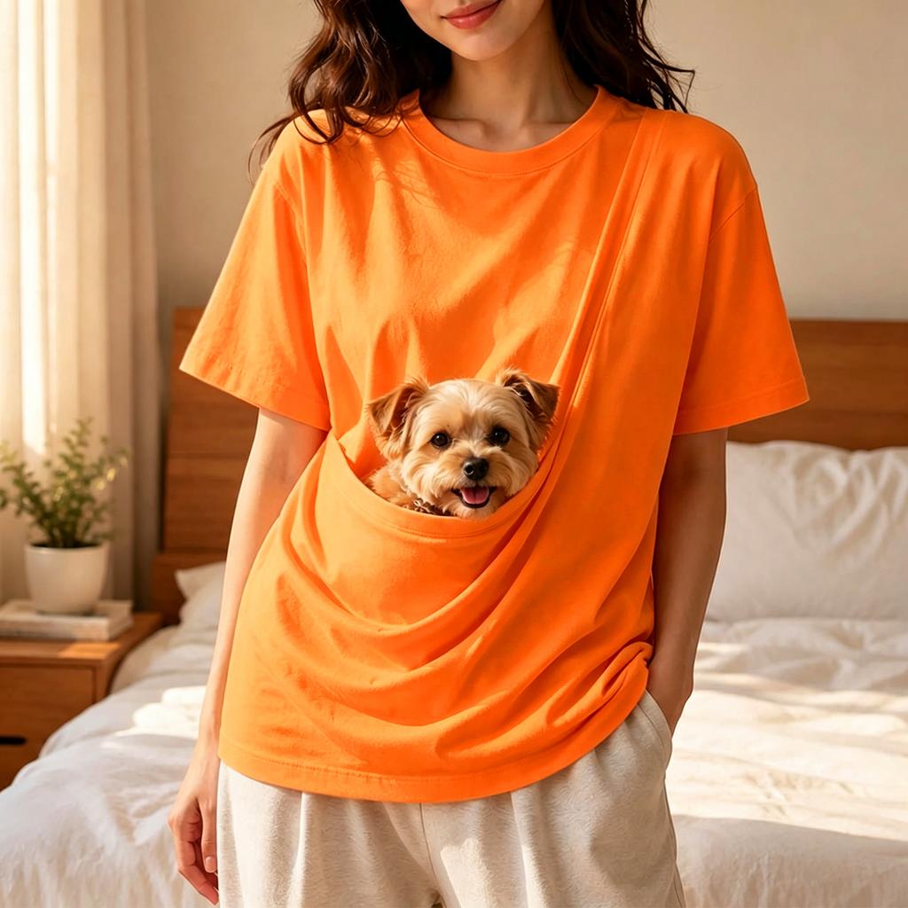 Unisex Short Sleeve T-Shirt with Large Pockets for Phone and Pet, Loose Fit Drop Shoulder Casual Top