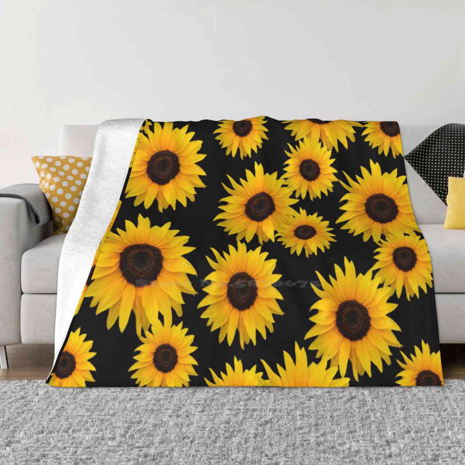 Yellow Sunflowers On Black Background. Best Selling Room Household Flannel Blanket Brown And Yellow Yellow Sunflowers 30x40in
