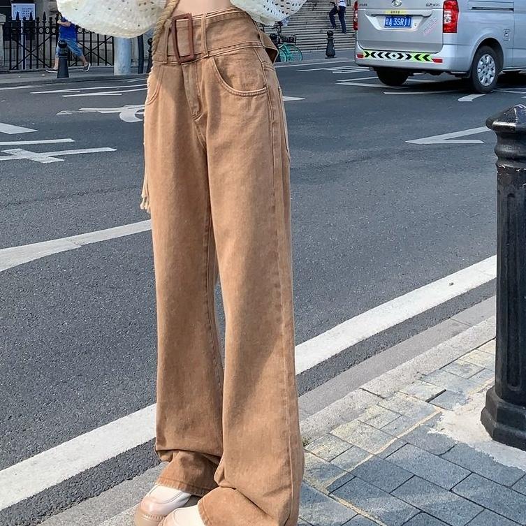 Módní džíny pro ženy Vintage Streetwear Vysoký pas Široké nohavice Kalhoty s páskem Stylové College Volné Ležérní kalhoty