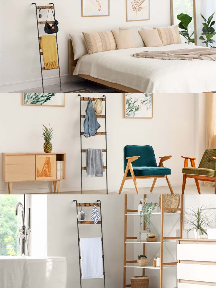 Rustic Brown 5-Tier Blanket Ladder with 10 Hooks - Wall-Leaning Storage for Living Room, Bedroom & Bathroom