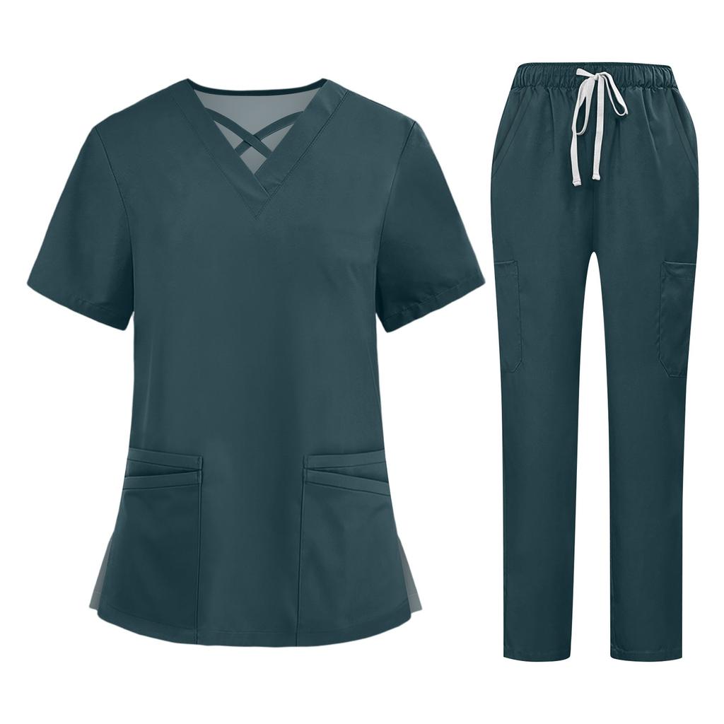 Soild Scrub Working Uniform Suit For Women's Cross V-Neck Short Sleeve Fun T-Shirts Workwear Tee With Pockets