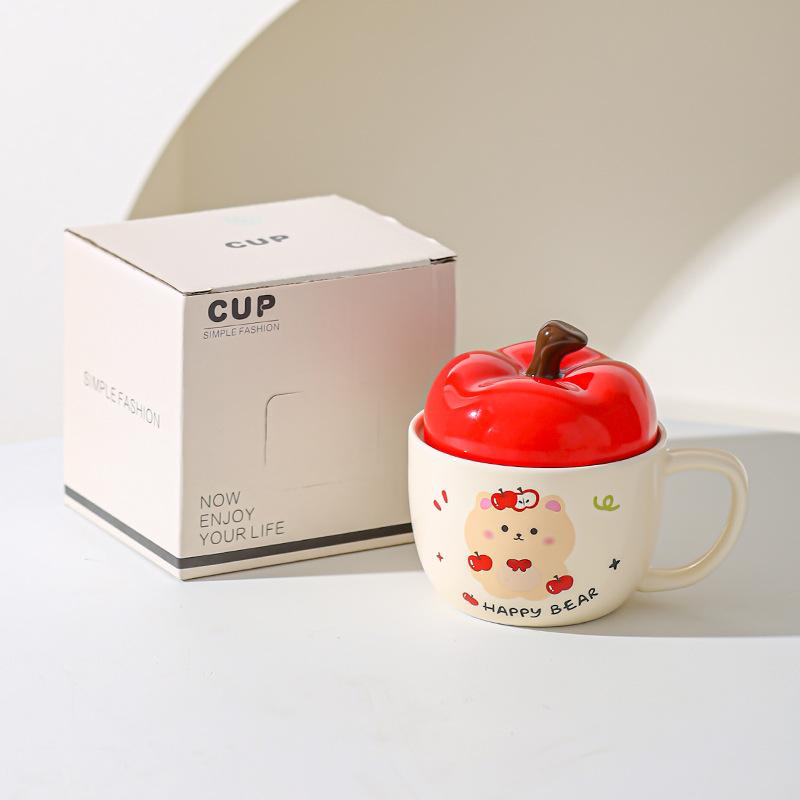 

Creative bear apple mug office coffee cup with lid water cup home couple milk breakfast cup 301-400ml