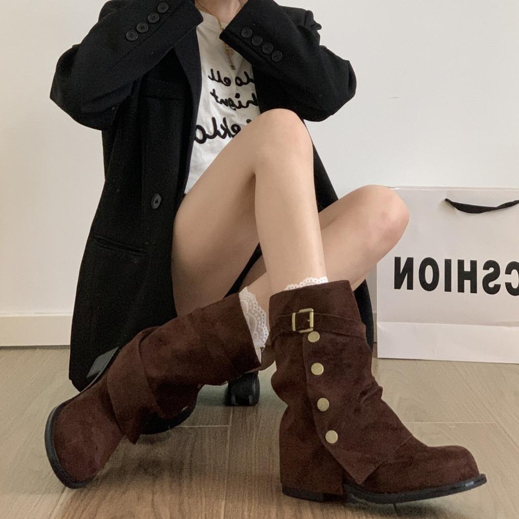 Brown Maillard Style Retro Thick-heeled Boots Children's 2025 New Autumn Skirt with Thin and Heightened Trousers Short Boots