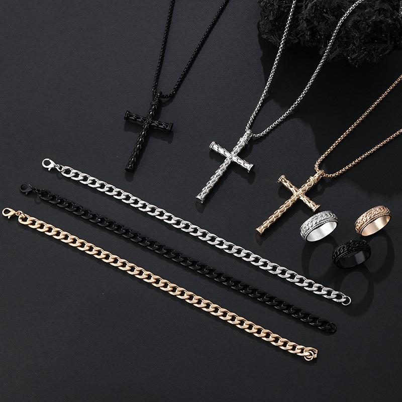 3Pcs Set Men'S Stainless Steel Metal Cross Pendant Chain Necklace Bracelet Ring Jewelry Set Male Hip Hop Daily Wear Accessories