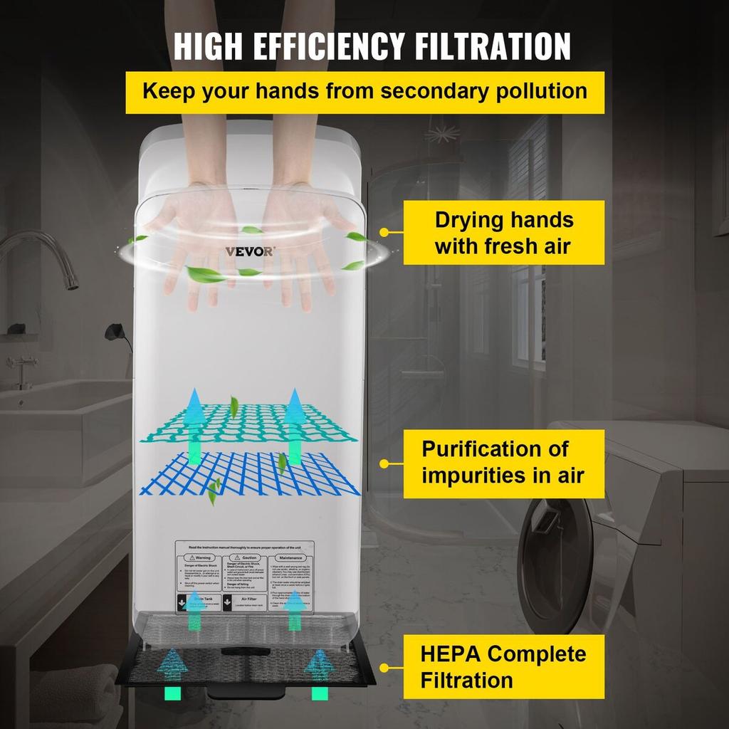 Jet Hand Dryer, Premium Electric Commercial Blade Hand Dryer, ABS Air Dryer Hand with HEPA Filtration Wall Mount Hand Dryer, 2000W 220V Vertical Hand