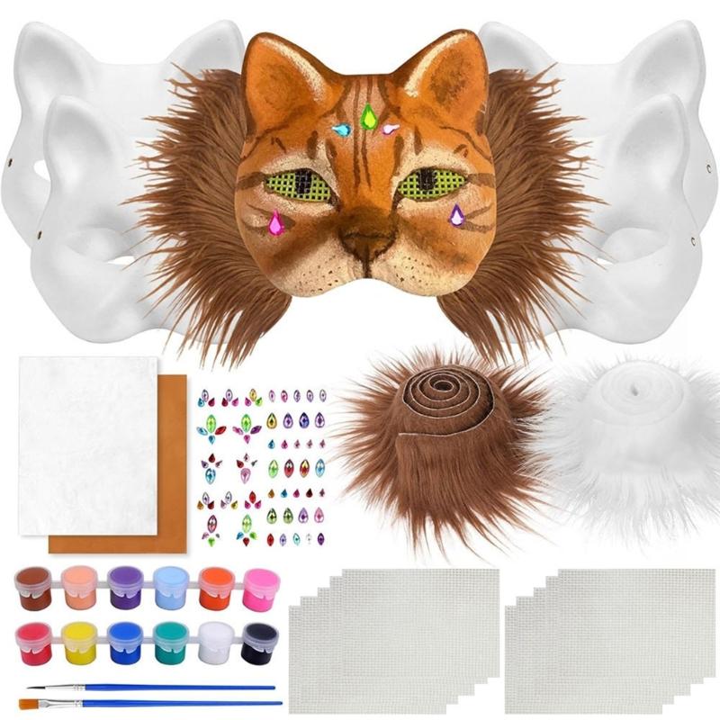 Therian Masken Set Felle, Augennetz, Filzbogen DIY Füchse Katzen Maske zum Bemalen Pelzige Tiermaske Ausrüstung für Halloween Cosplay