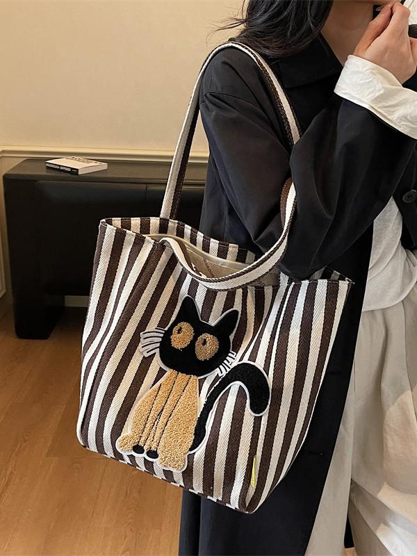 Korean Striped Cartoon Chenille Embroidery Canvas Bag - Large Capacity Cute Girl's Trendy Tote