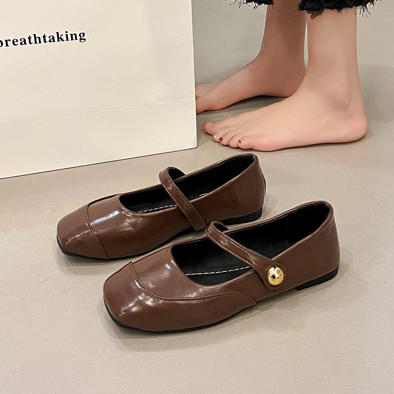 Single shoes femininity new spring and autumn brown flat Mary Jane women's shoes square head shoes