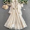 French Court Style Retro Lace Stand-up Collar Lantern Sleeve Dress Women's Spring and Autumn Breasted Waist Big Swing Elegant Long Dress