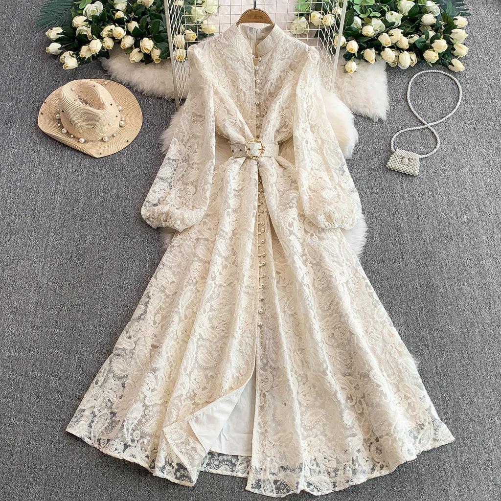 French Court Style Retro Lace Stand-up Collar Lantern Sleeve Dress Women's Spring and Autumn Breasted Waist Big Swing Elegant Long Dress