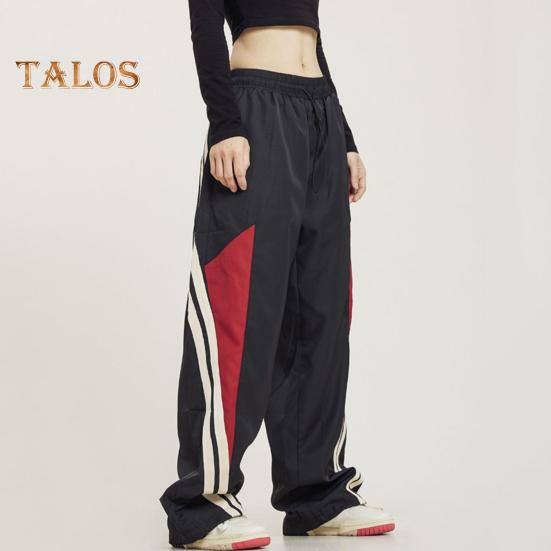 Women Pants Elastic High Waist Adjustable Drawstring Wide-Leg Vertical Stripe Stitching Pants Retro Street Style Sport Trousers