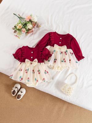 Prinzessinnenkleid mit Rotkirschen-Print und Schleifen-Haarschmuck für Mädchen