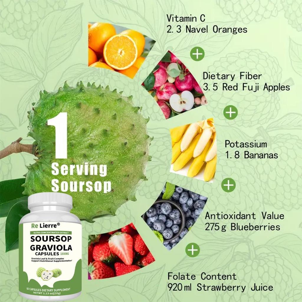 Re Lierre Soursop Capsules 1800mg | Leaf & Fruit Extract | Gluten-Free, Fiber & Vitamin C | Digestive & Intestinal Health Support | 60 count