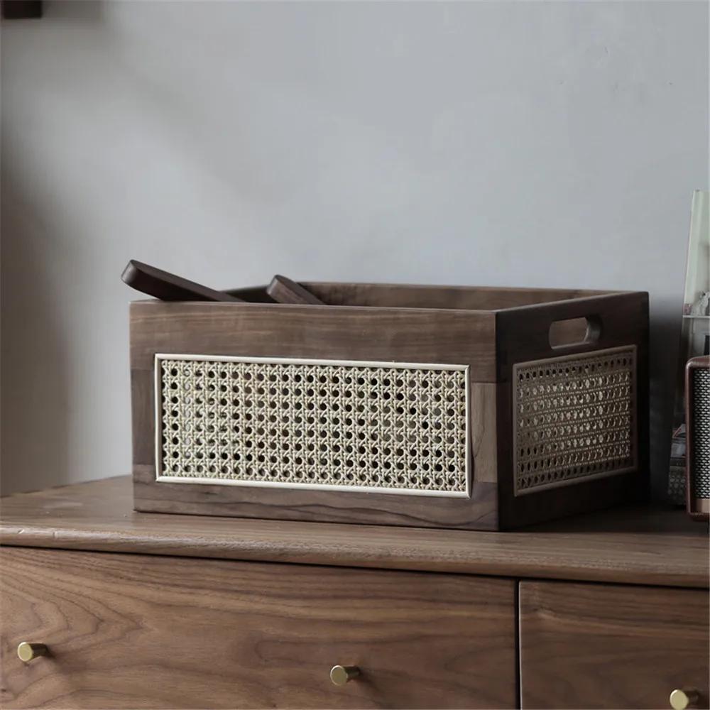 Kitchen Desktop Solid Wood Storage Box Retro Rattan Basket Book Snacks Cosmetics Organizer Home Appliance Luxury