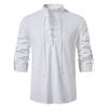 Men's V-neck Lace-up Long Sleeve Henley Shirt Solid Color Cotton and Linen Loose Casual Men's Stand-up Collar Shirt