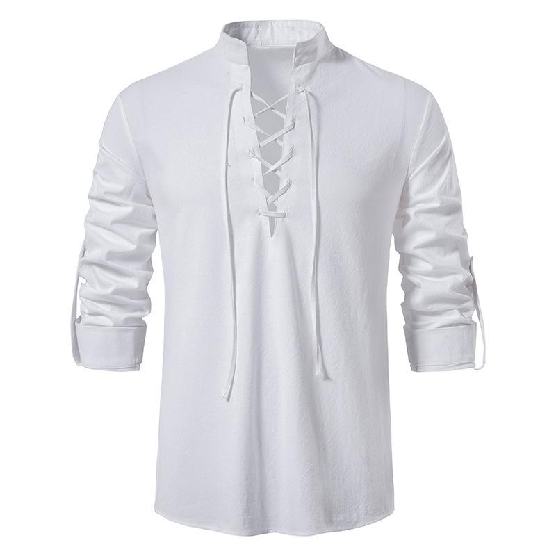 Men's V-neck Lace-up Long Sleeve Henley Shirt Solid Color Cotton and Linen Loose Casual Men's Stand-up Collar Shirt