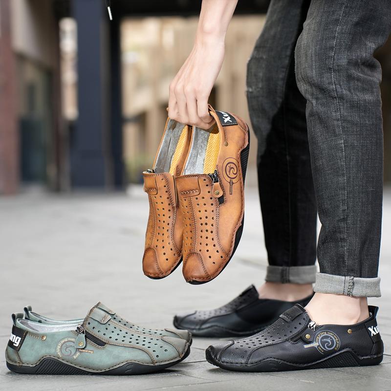 New Hand Sewn Fashionable Casual Shoe Men Cozy Non-slip Soft Cool Lighted Breathable Hollow Out Side Zipper Large Size Loafers