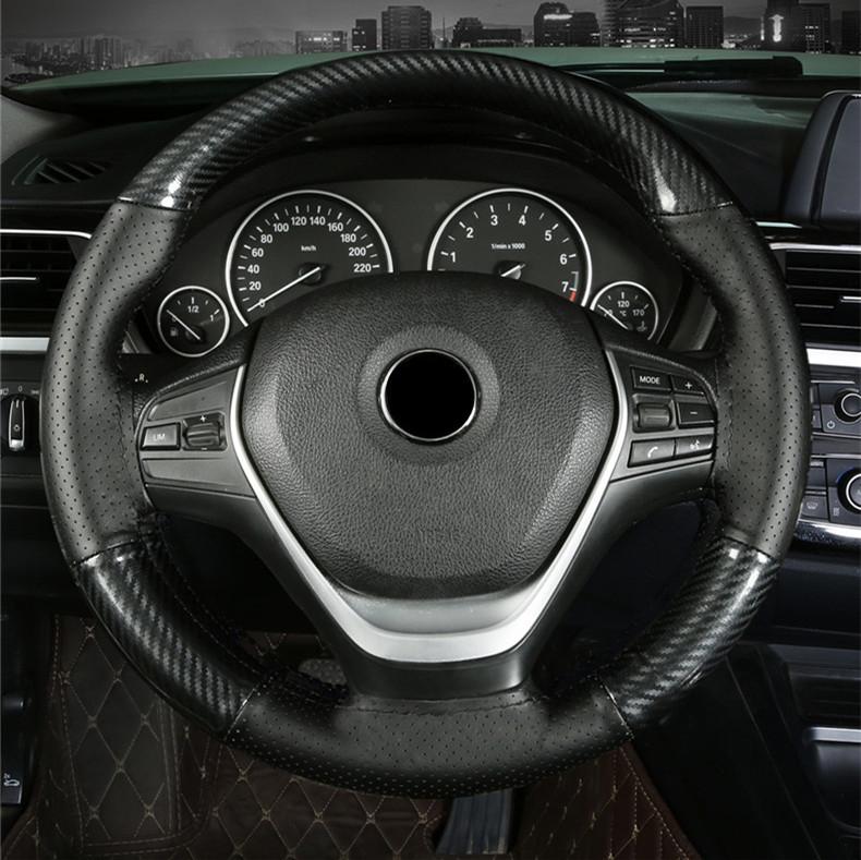 DIY Deluxe Glossy Black Carbon Fiber+Leather Car Steering Wheel Cover Trim 38cm