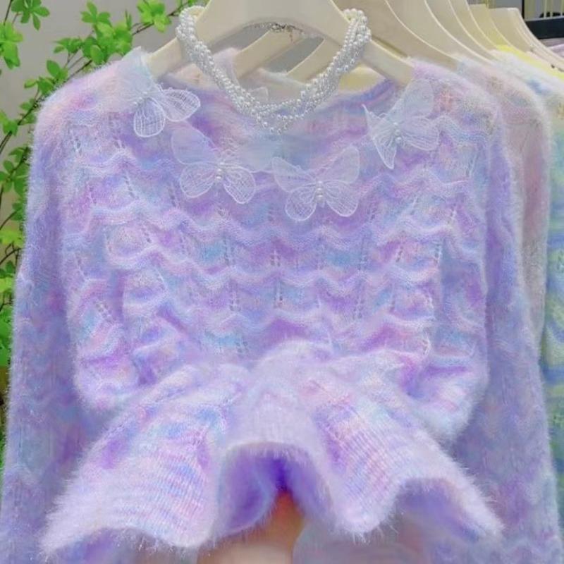 

Весенне-осенний новый свободный свитер-пуловер с градиентным переходом и радужным узором, женский, с бабочкой, милый, нежный, с ажурной вязкой one size fits all фиолетовый