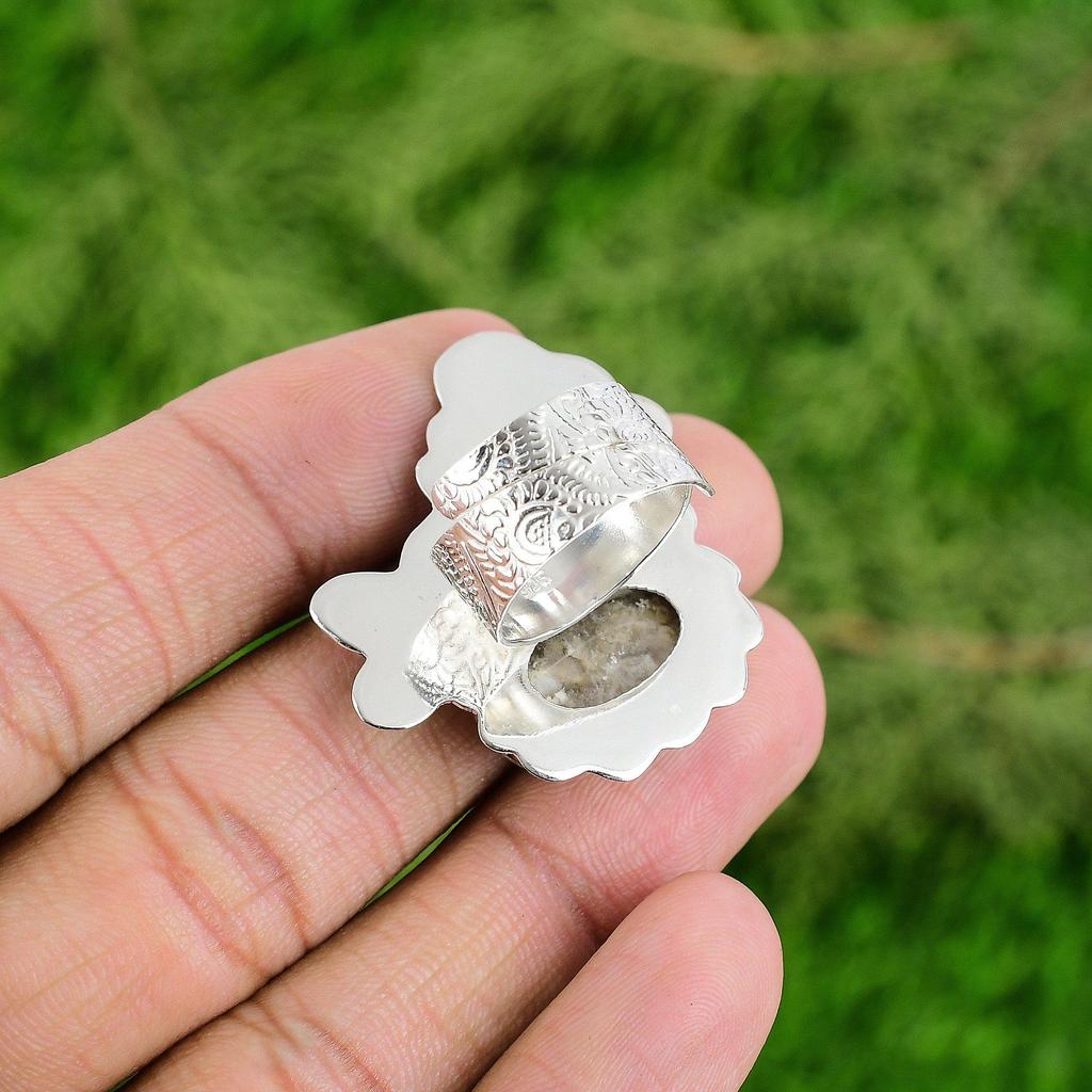 Mothers Day Deal 925 Silver Plume Agate Stone Statement Elegant Bezel Wife Ring