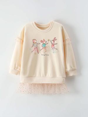Trendy Cute Long-Sleeve Mesh Print Pullover for Girls - European & American Spring/Autumn Sweatshirt