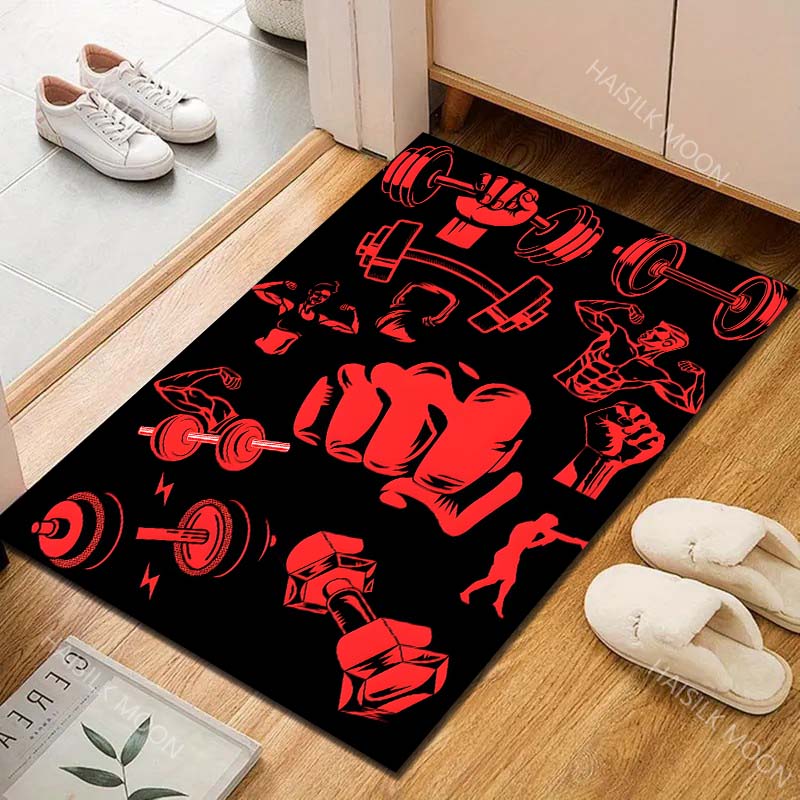 1 Stück Fitness-Icons Hanteln Fäuste Muskel-Print Teppich für Wohnzimmer Schlafzimmer Sofa Heimdekoration Rus Rutschfeste Fußmatte Luxuriöses Geschenk