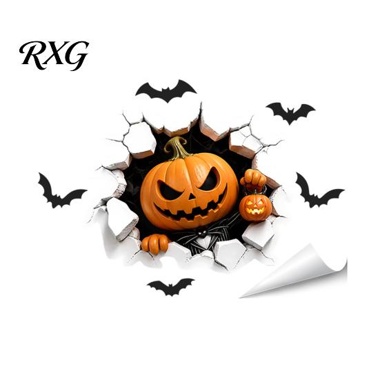 Bat Wall Stickers for Halloween Stickers, 3D Broken Effect with Ghost Skeleton Pumpkin Decals, Self-Adhesive Waterproof Decor Mural Living Room