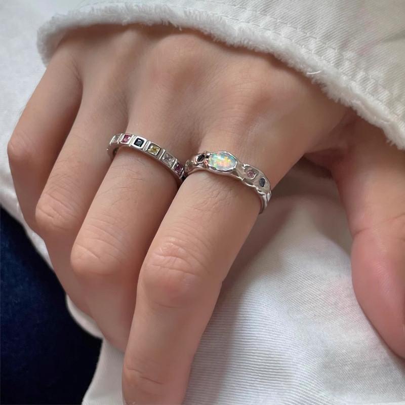 Stylish Opal Stone Seven Color Diamond Ring For Women Contemporary Fashionable Open Design