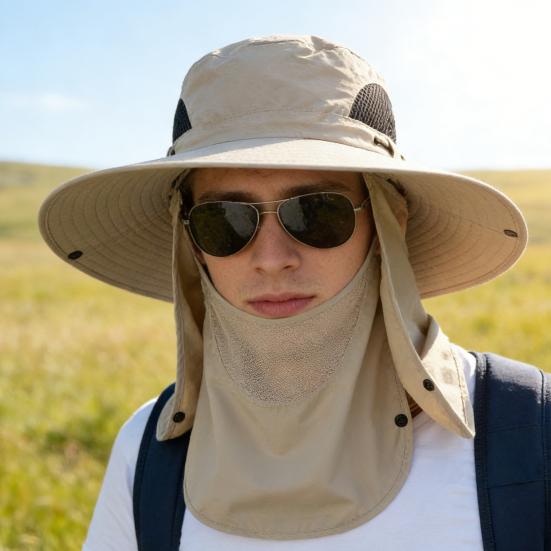 Men Fisherman Hat Wide Brim Breathable Mesh Design Quick-Drying Bucket Hat with Neck Shawl Face Guard Outdoor Fishing Hat