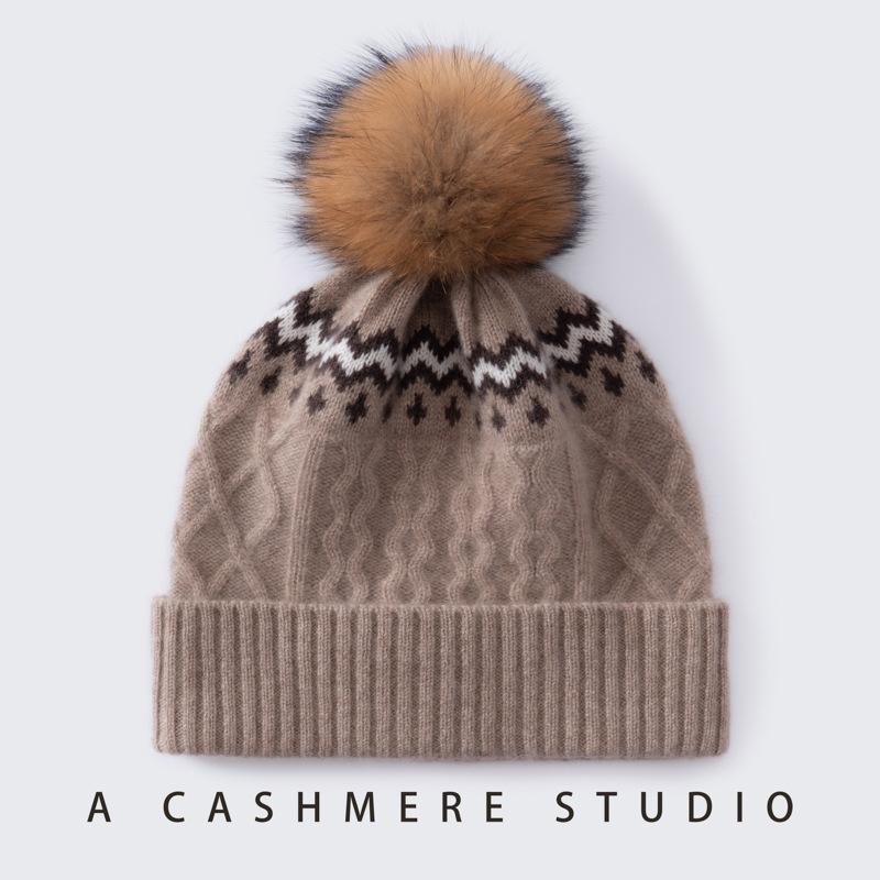 Autumn and Winter New Color Matching% Cashmere Jacquard Knitted Hat Women's Versatile Warm Fashion Ear Protection Wool Hat