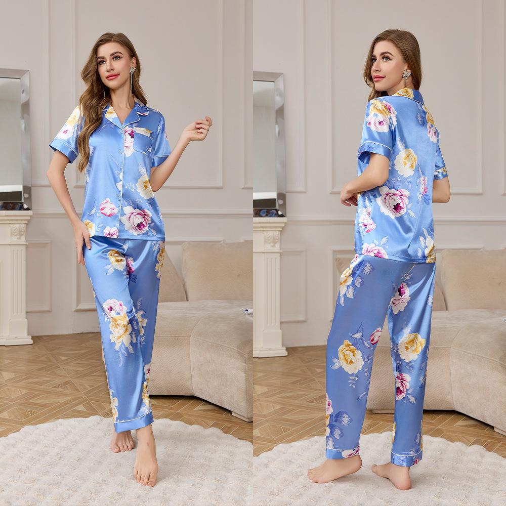 Yaoting ice silk pajamas women's summer short-sleeved trousers loungewear set high-end printing two-piece set TZ1111