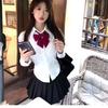 Women's Two Piece Outfit Short Sleeve Blouse V-Shaped Waist Pleated Skirt Preppy Academy Style JK Uniform Matching Set