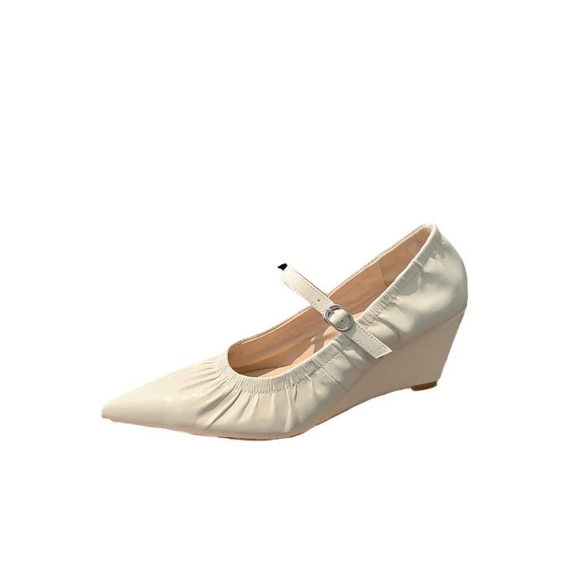 Spring 2025 New Pointed Wedge Heel Non-slip One-word Strap Single Shoes Versatile High Heels Mary Jane Shoes Women's Single Shoes