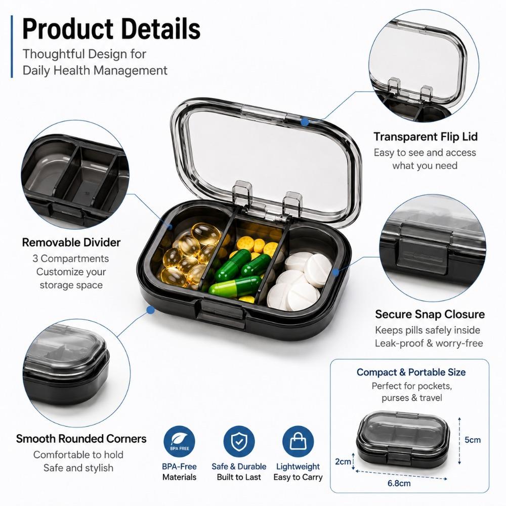 Travel Pill Storage Case Mini Waterproof Medicine Organizer with Separate Compartments for Home Office Outdoor and Vacation Use