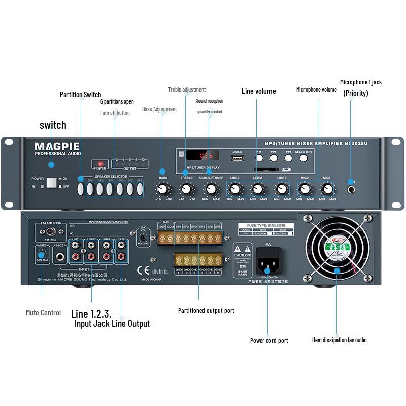 Lingque MB601B+MS3025U Bluetooth PA System with Wall Speakers
