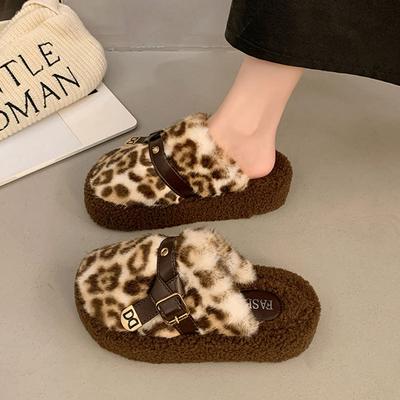 Zapatillas mullidas con estampado de leopardo de explosión de celebridad de Internet para mujer, otoño e invierno, nuevas, de felpa de suela gruesa, con puntera cerrada, media zapatilla, zapatos de algodón