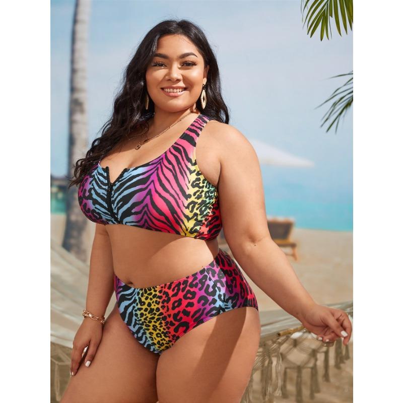 Neu Neu Leopardenmuster Bademode Damen Zweiteilig Leopardenmuster Große Größe Mollige MM Bikini Bademode