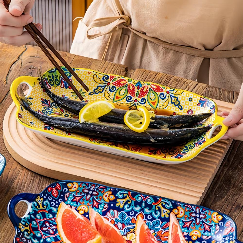 1pc Bohemian style ceramic fish dish with handle: 12.8-inch rectangular dining table tray, suitable for microwave and oven