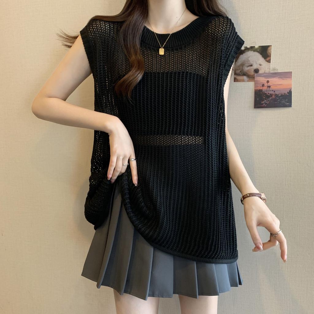 Hollow Knit Vest for Summer Mid To Long Style Paired with Round Neck Sleeveless Vest and Camisole Top for Outerwear